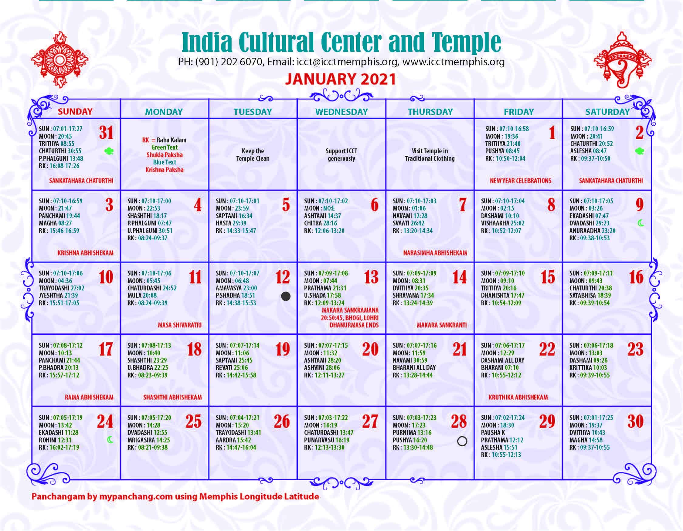 Temple Calendar 2021 India Cultural Center and Temple