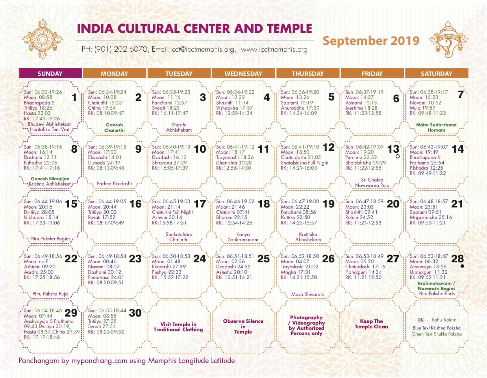 Temple Calendar India Cultural Center and Temple