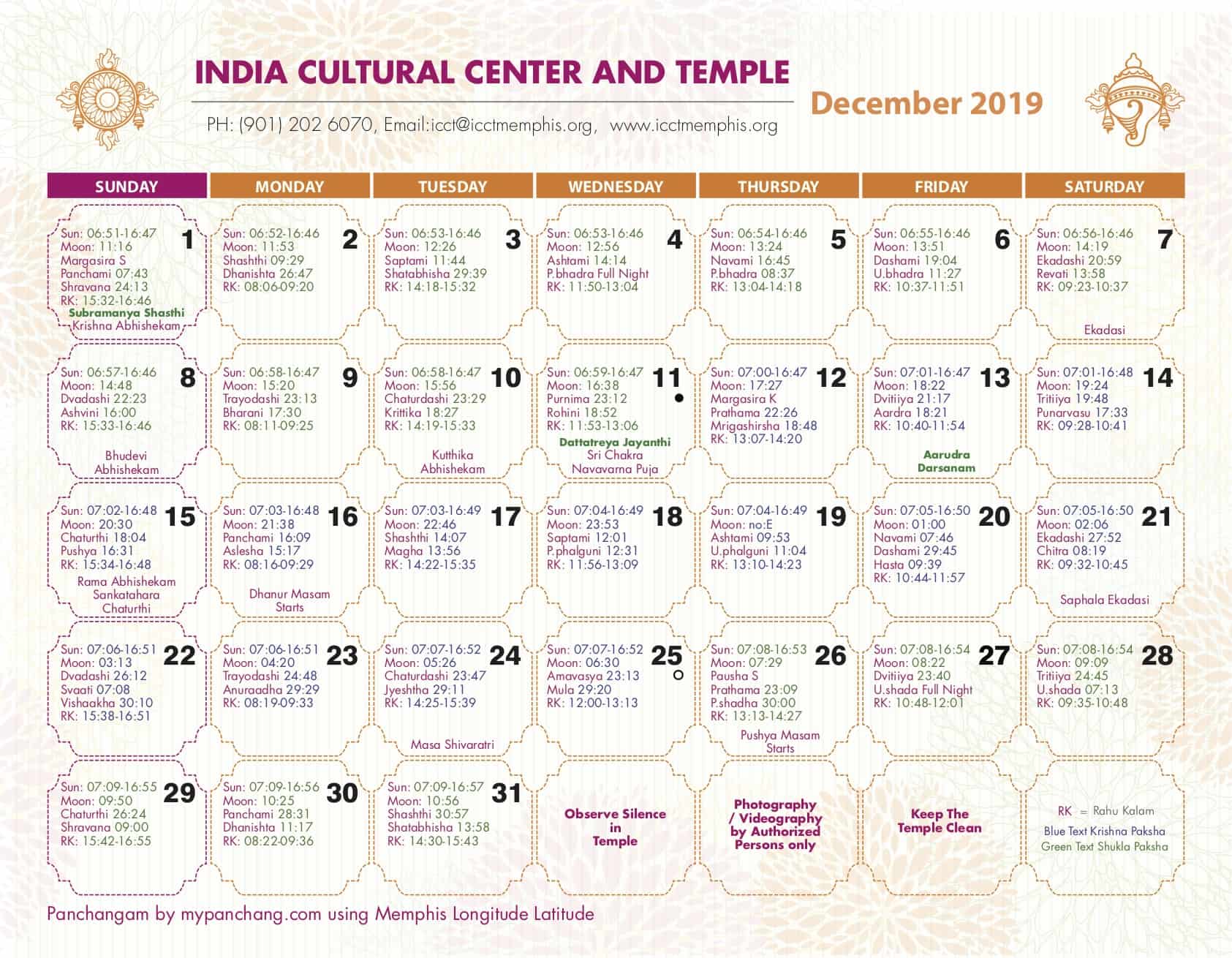 Temple Calendar India Cultural Center and Temple